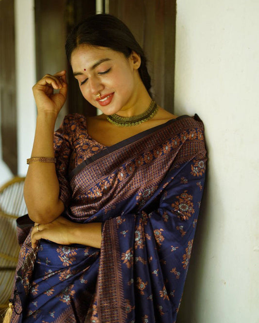 Blue Color Floral Soft Lichi Silk Saree