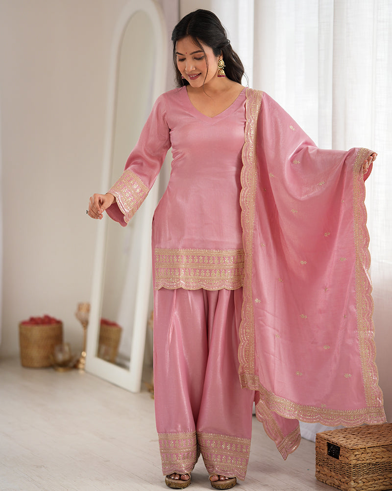 Pink Color Roman Silk Embroidered Farshi Salwar Suit