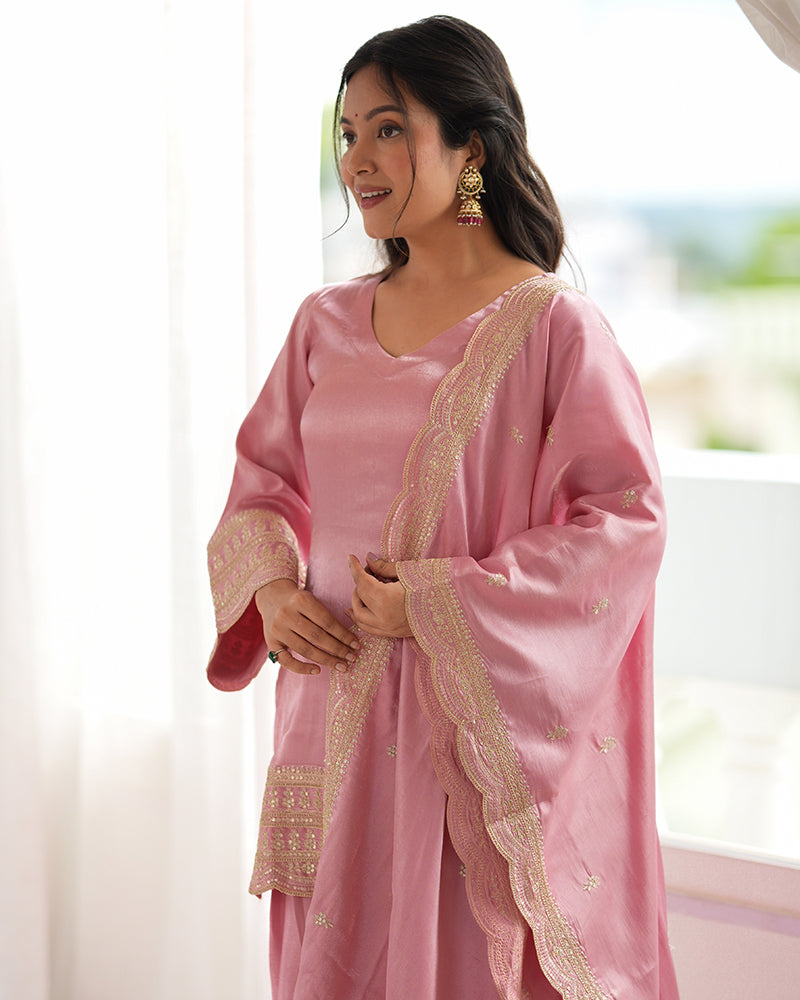 Pink Color Roman Silk Embroidered Farshi Salwar Suit