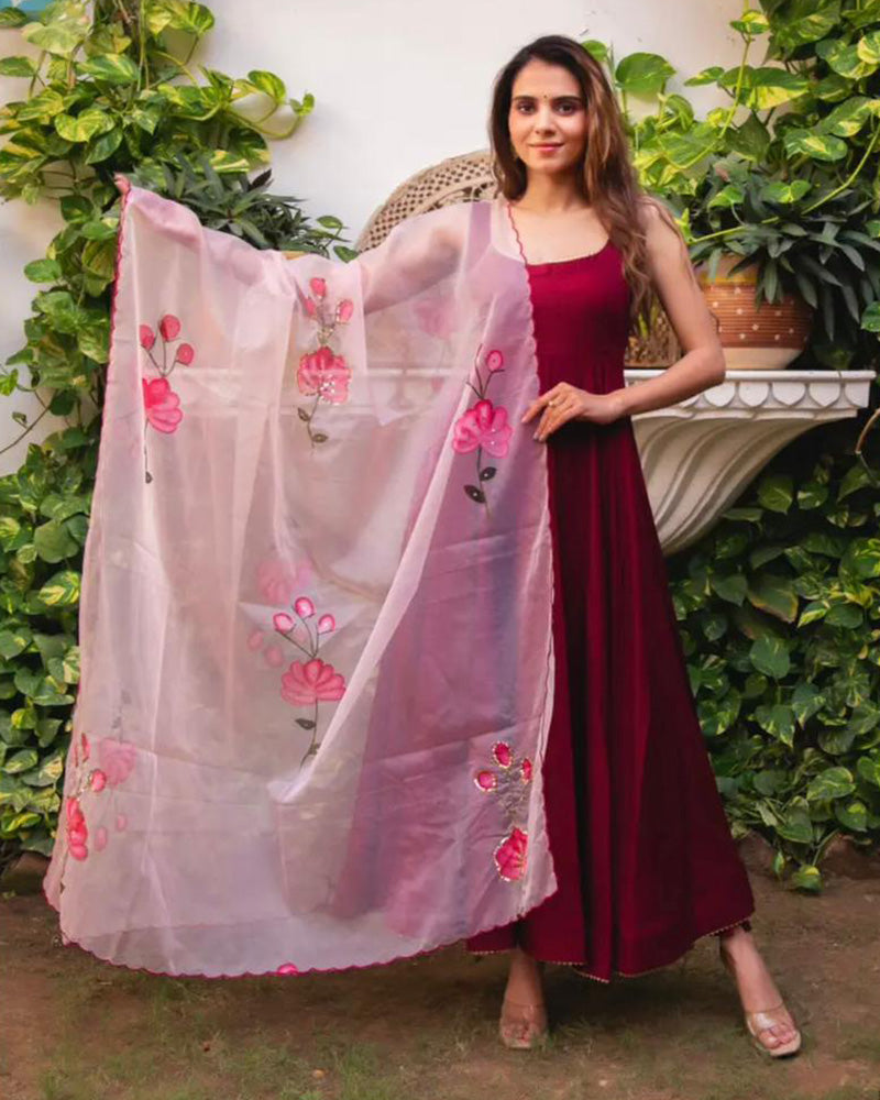 Reddish Maroon Color Pure Chinon Three Piece Anarkali Suit