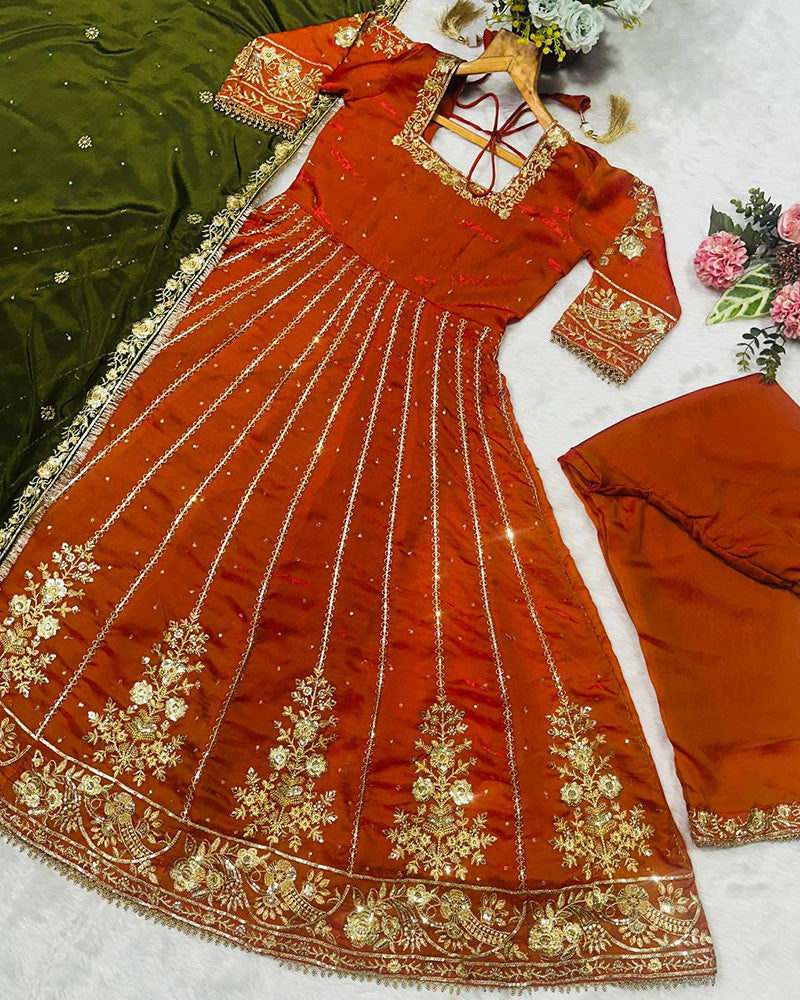 Orange Color Fandy Satin Embroidered Three Piece Anarkali Suit