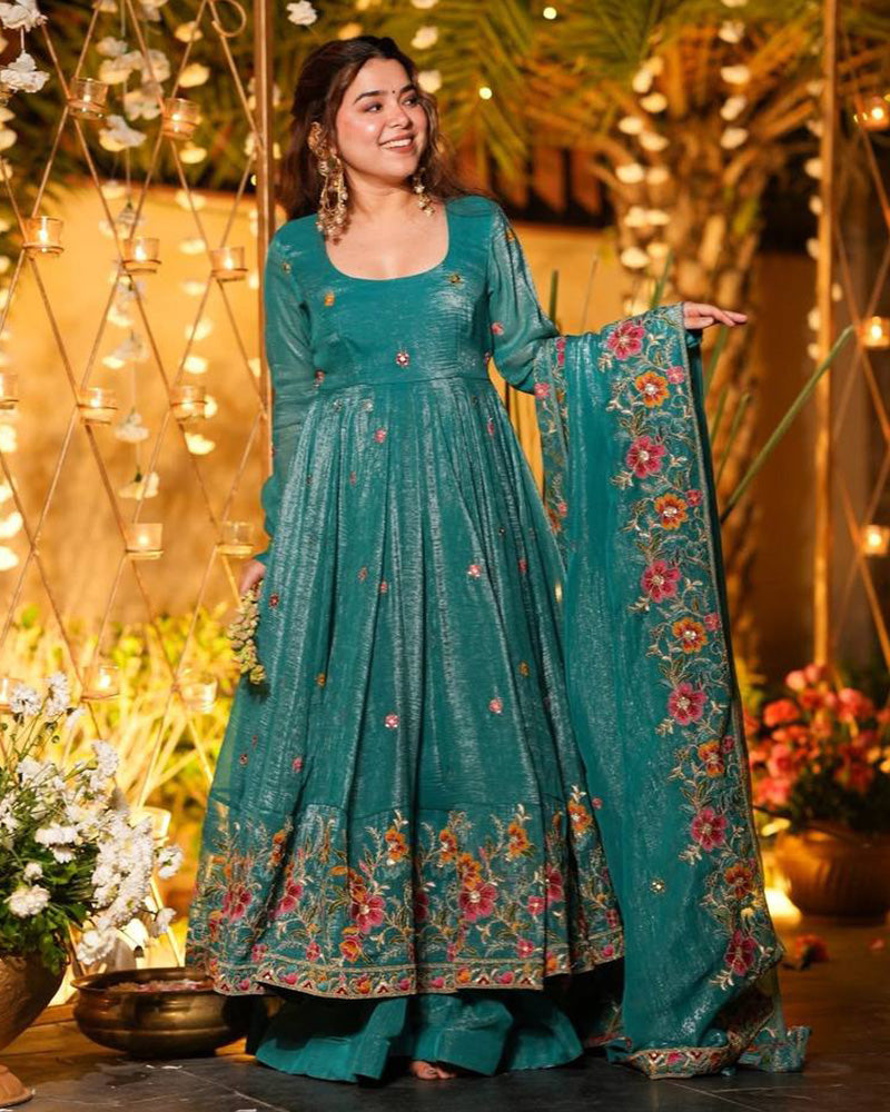 Teal Green Color Crunchy Silk Embroidered Sharara Suit