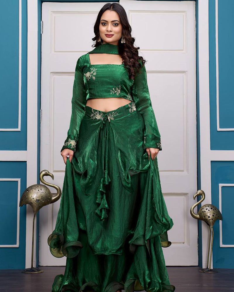Green Color Fendy Satin Silk Embroidered Lehenga Choli