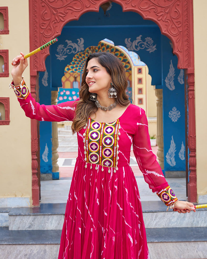 Navratri Special Pink Color Faux Georgette Laheriya Print Gown