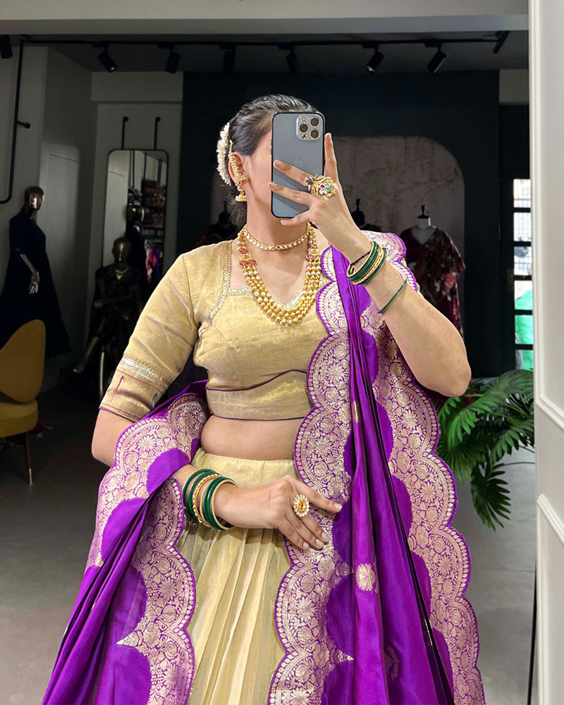 Designer Cream Color Erode Jacquard Paithani Silk Lehenga Choli