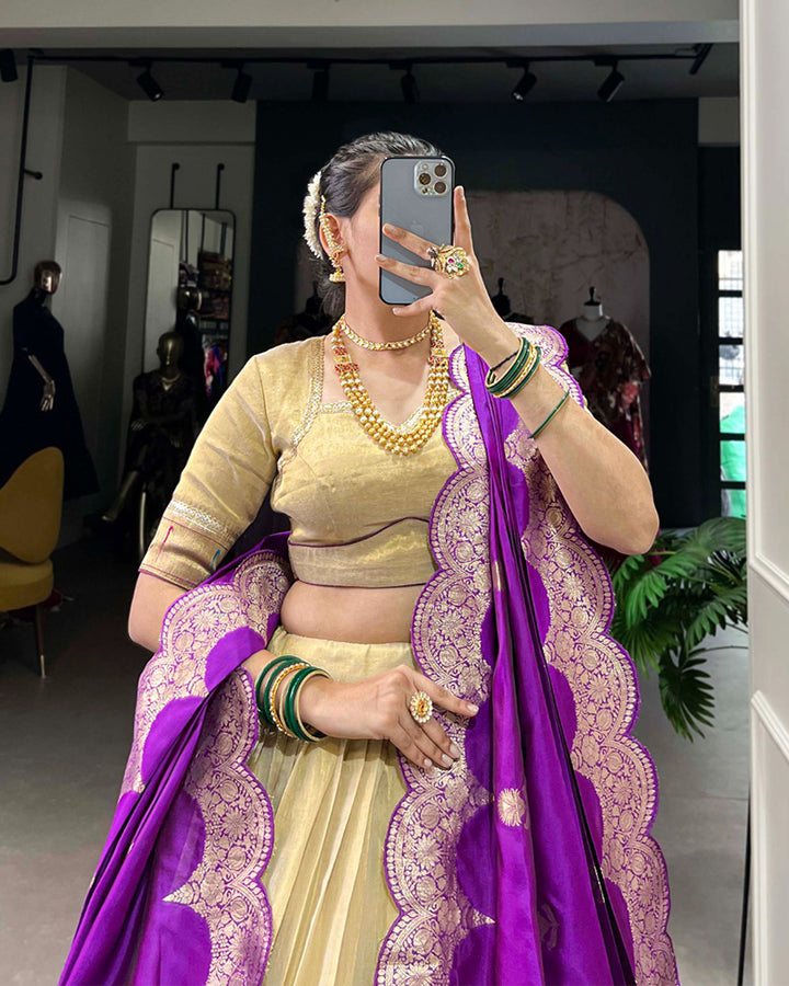 Designer Cream Color Erode Jacquard Paithani Silk Lehenga Choli