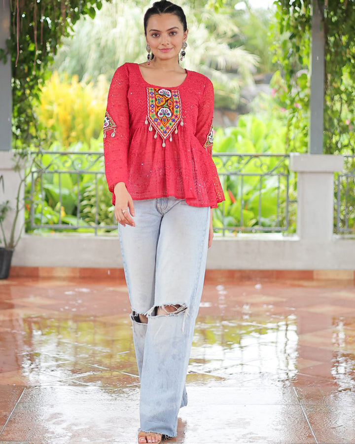 Pink Color Georgette Lucknowi Work Navratri Kediya