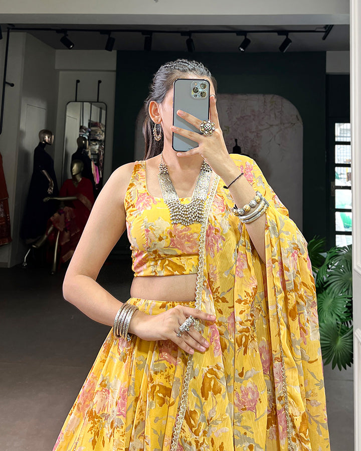 Yellow Color Chiffon Floral And Foil Printed Lehenga Choli