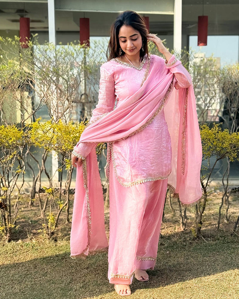 Baby Pink Color Fendi Satin Silk Farshi Salwar Suit