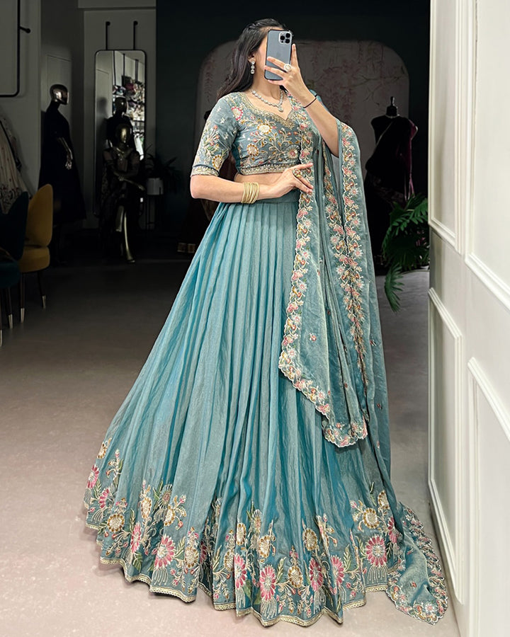 Designer Sky Blue Color Zari Shimmer Lehenga Choli