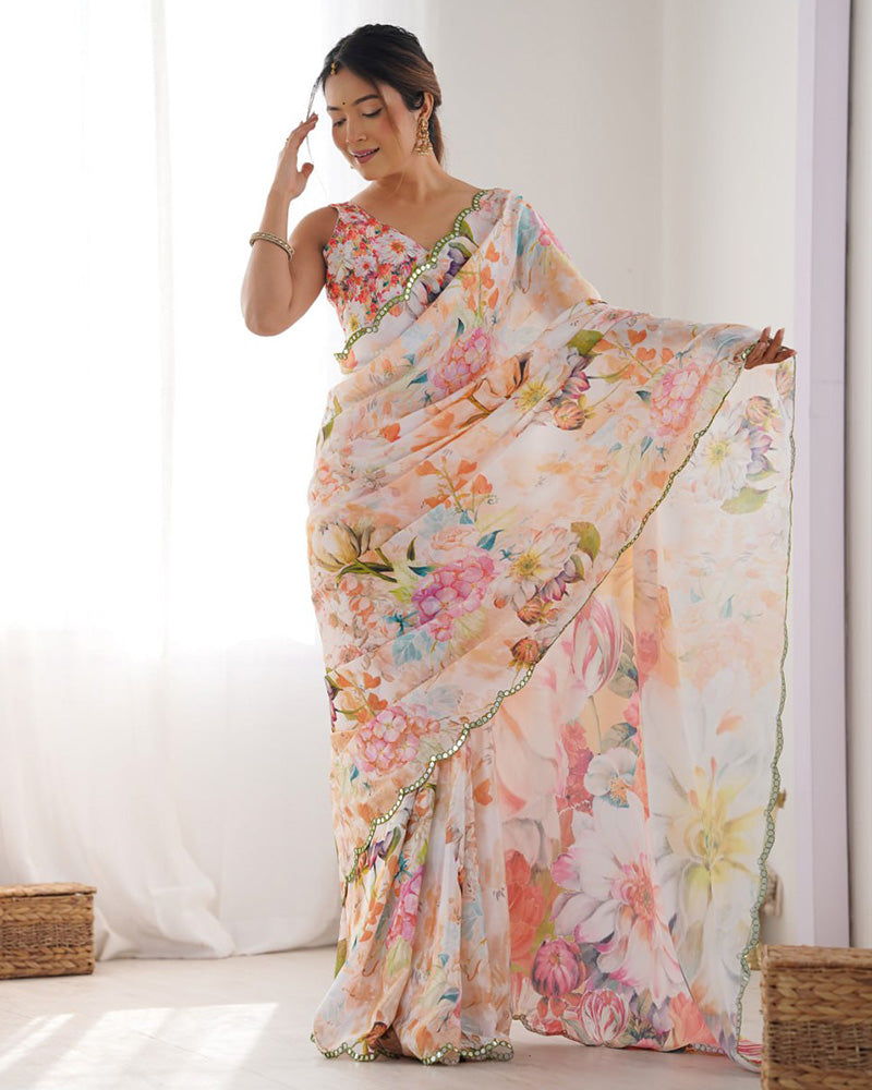 Peach Color Chinnon Silk Printed Saree