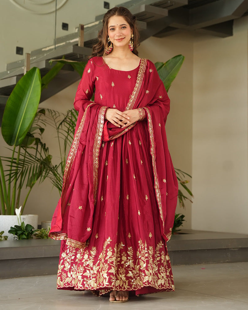 Beautiful Red Color Chinnon Gown With Embroidered Dupatta