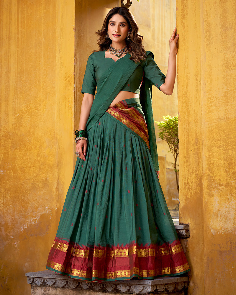 Traditional Teal Green Color Chanderi Half Saree With Zari Detailing