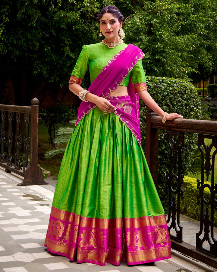 Parrot Green Color Poly Cotton Zari Weaving Half Saree
