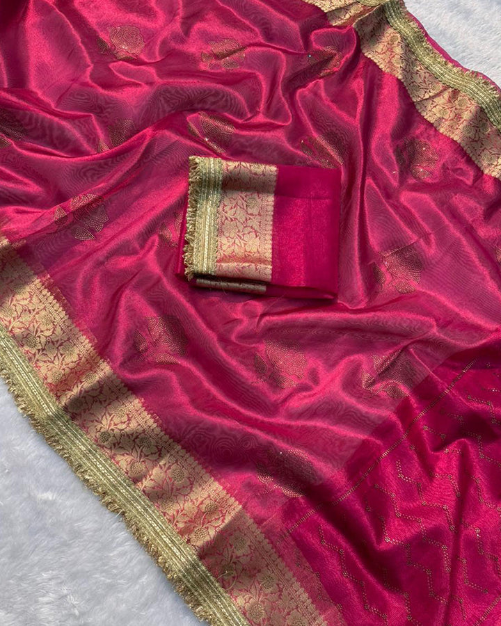 Premium Rani Pink Color Organza Tissue Silk Saree