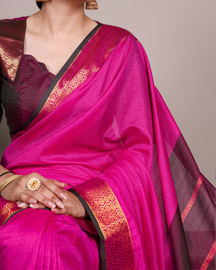Rani Pink Color Zari Weaving Poly Cotton Saree