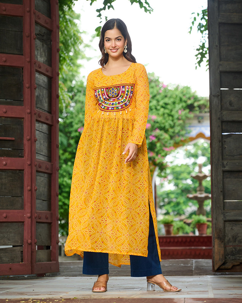 Elegant Yellow Georgette Bandhani Print Kurti