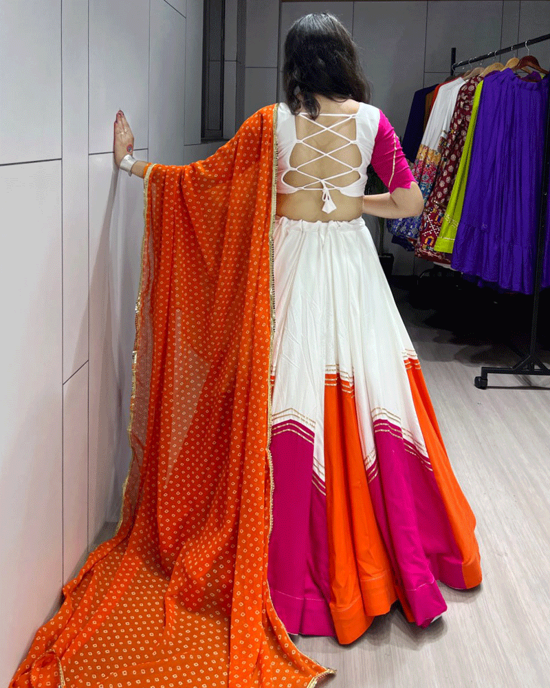 Pink And Orange Color Rayon Cotton Navratri Lehenga Choli