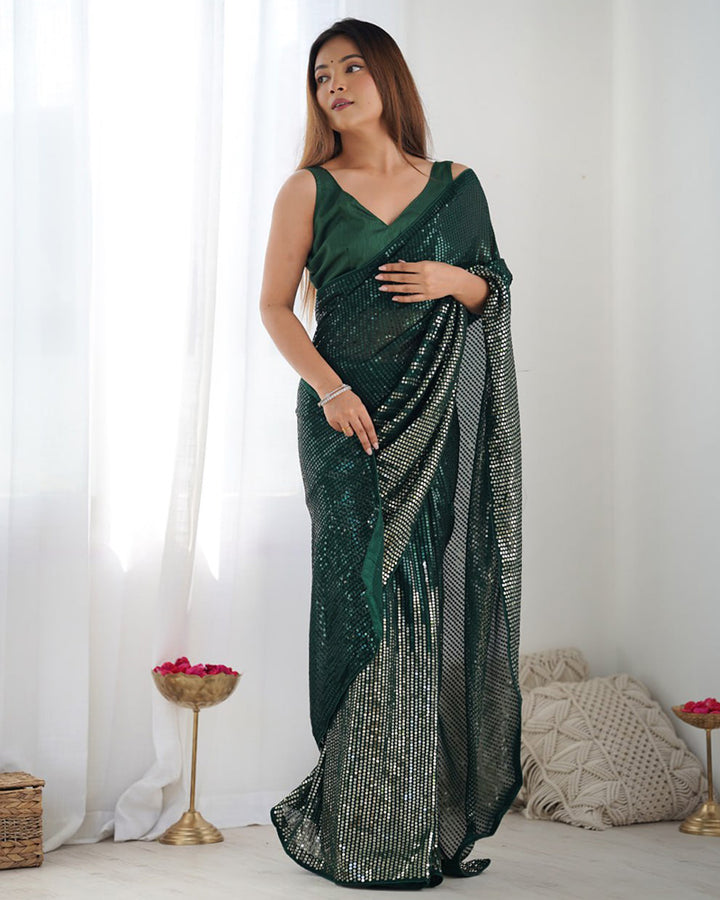 Green Color Heavy Georgette Sequence Embroidered Saree