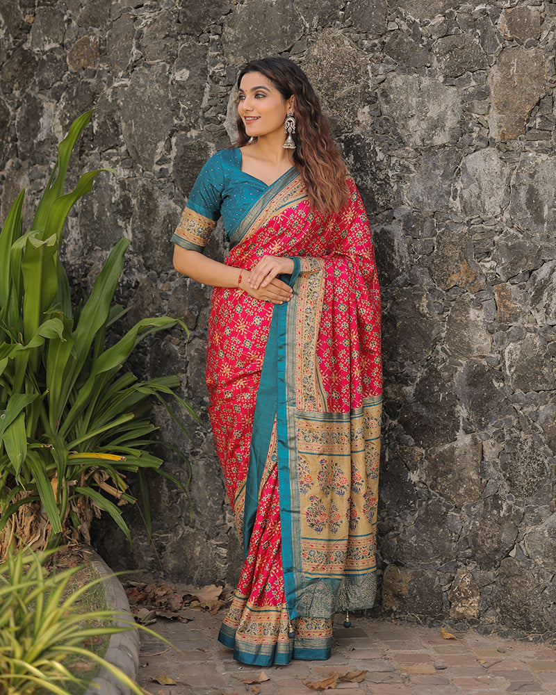 Pink Color Foil Print Stone Work Dola Silk Saree