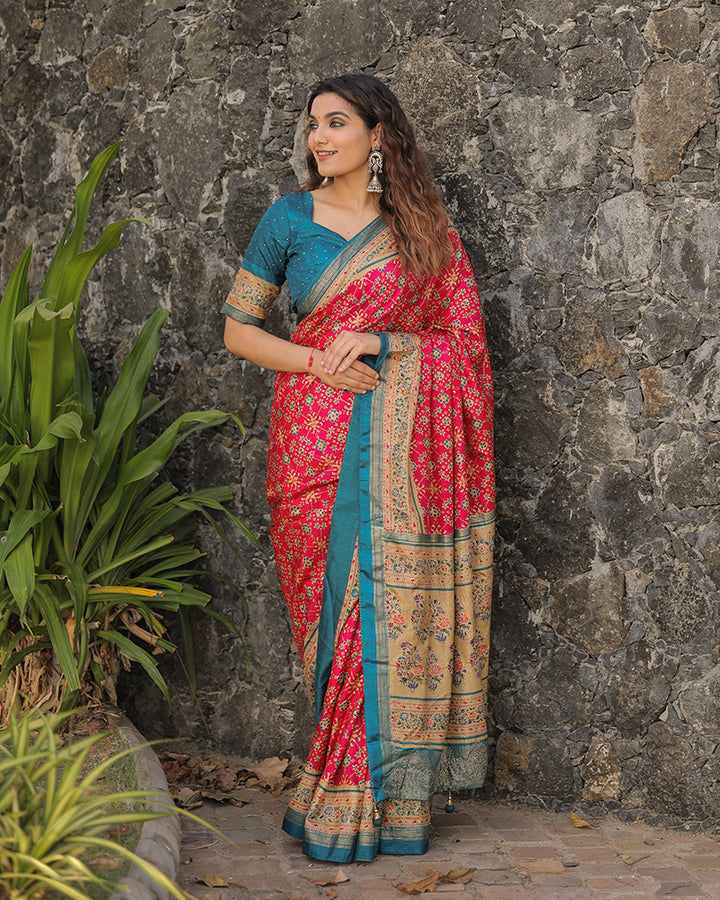 Pink Color Foil Print Stone Work Dola Silk Saree