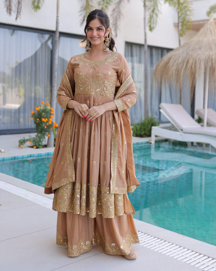 Chikoo Color Super Silk Embroidered Sharara Suit