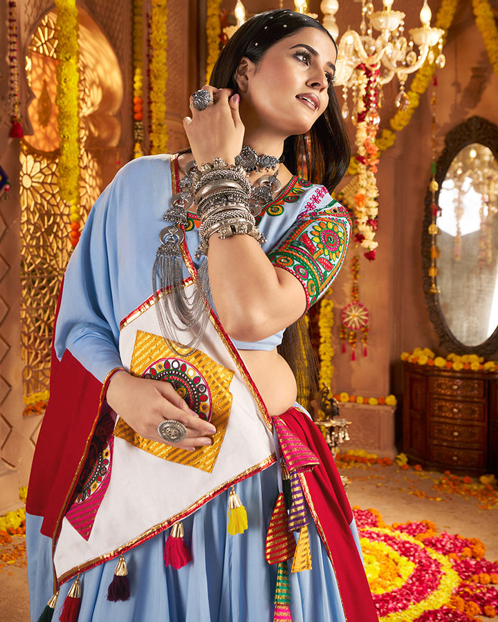 Traditional Sky Blue Color Mirror Work Navratri Lehenga Choli