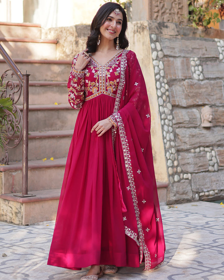 Designer Rani Pink Color Gown With Sequence Embroidered Dupatta
