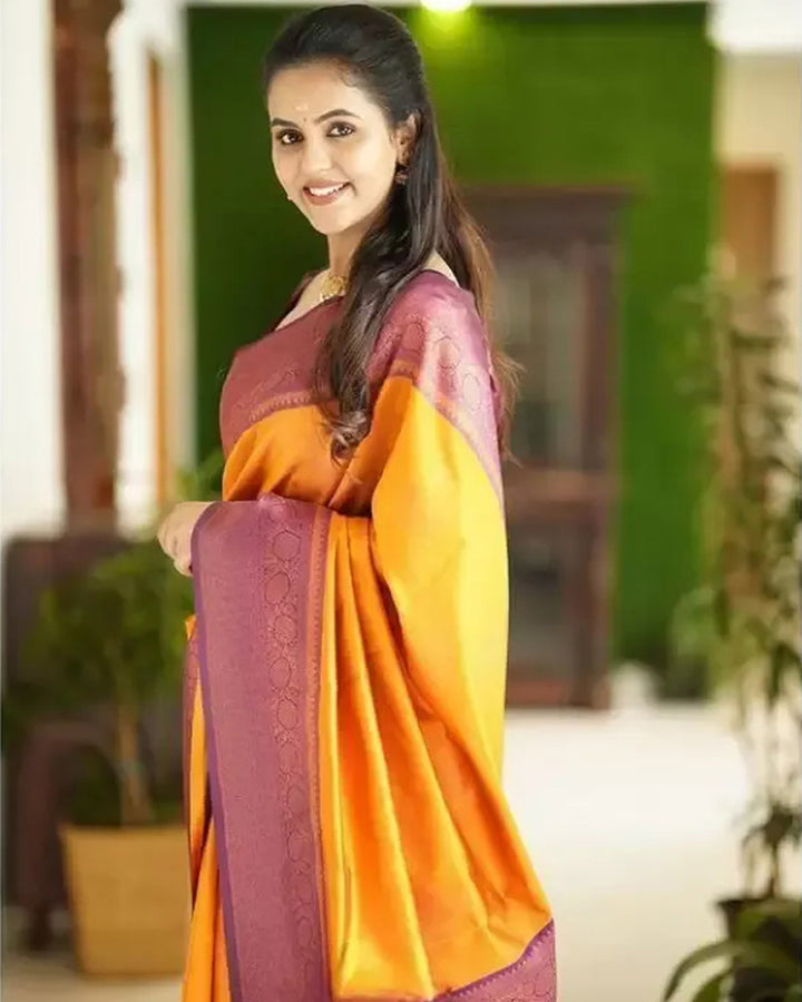 Designer Mustard Color Jacquard Banarasi Silk Saree
