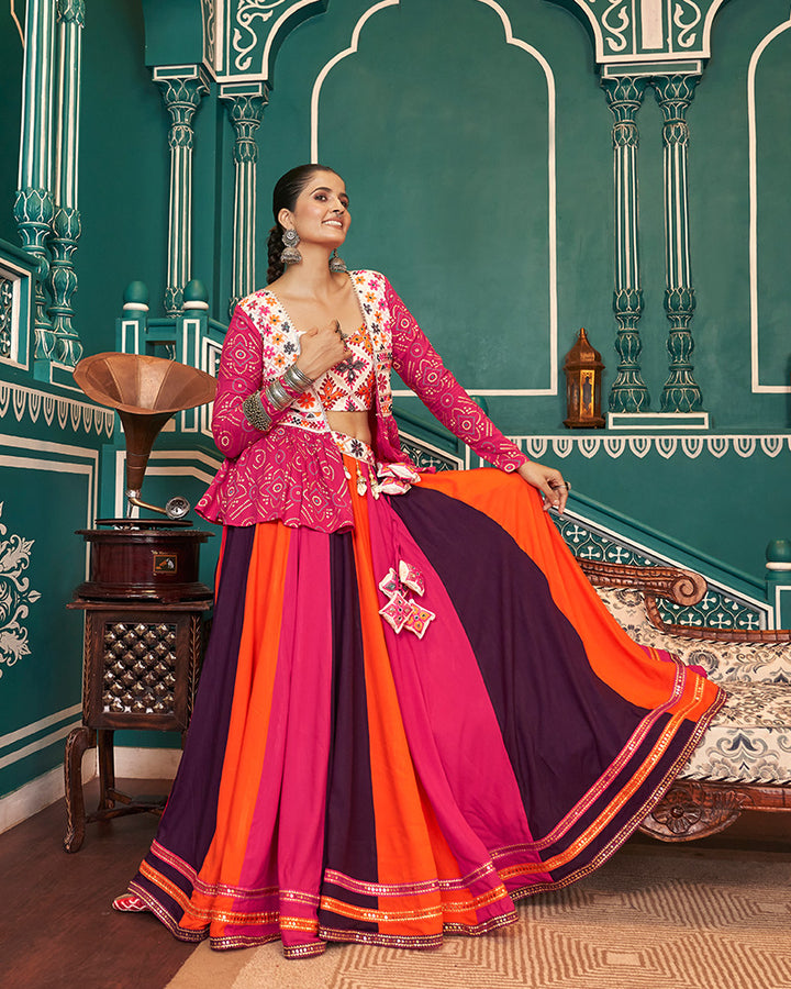Pink Multi Color Rayon Navratri Lehenga Choli