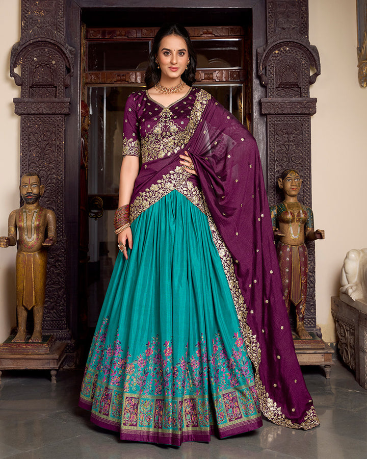 Firozi Color Tussar Silk Printed Lehenga Choli