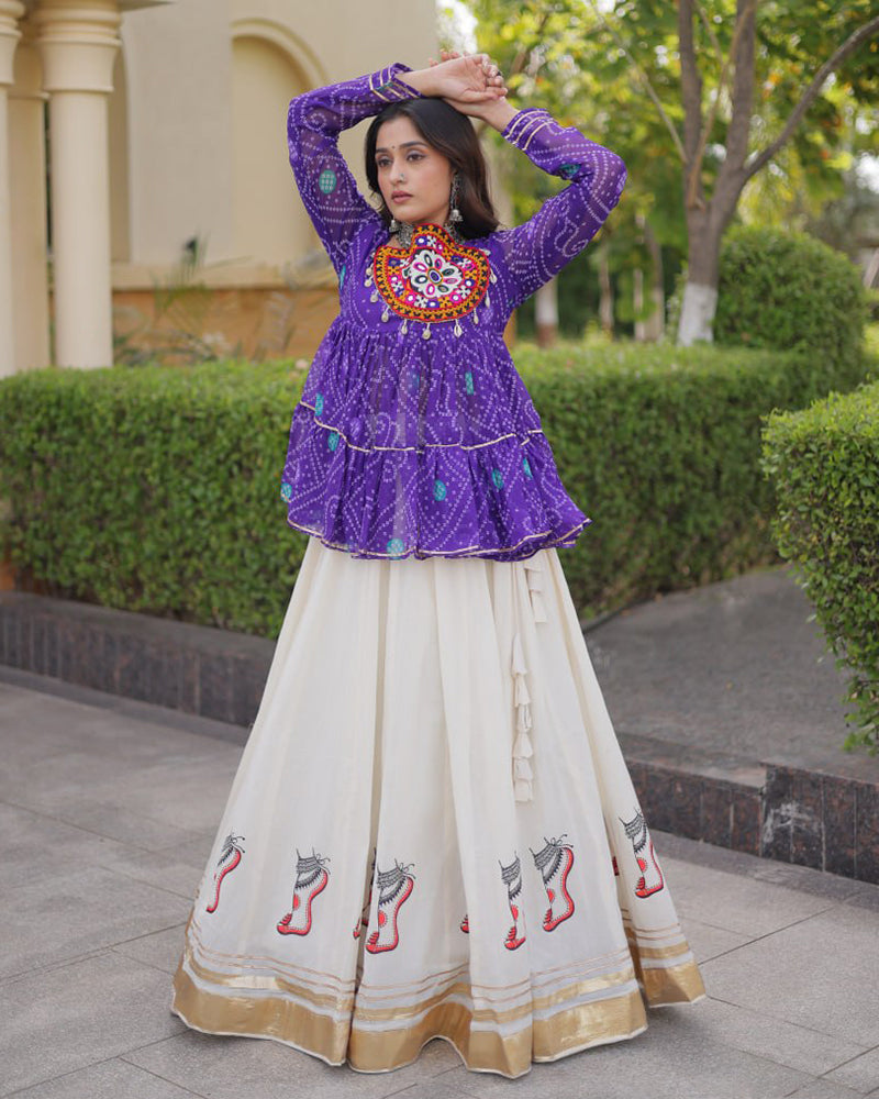 Purple Color Bandhani Printed With Kora Cotton Lehenga