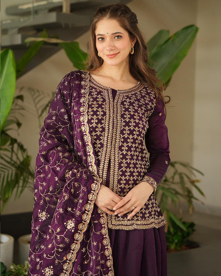 Elegant Wine Embroidered Sharara Set with Dupatta