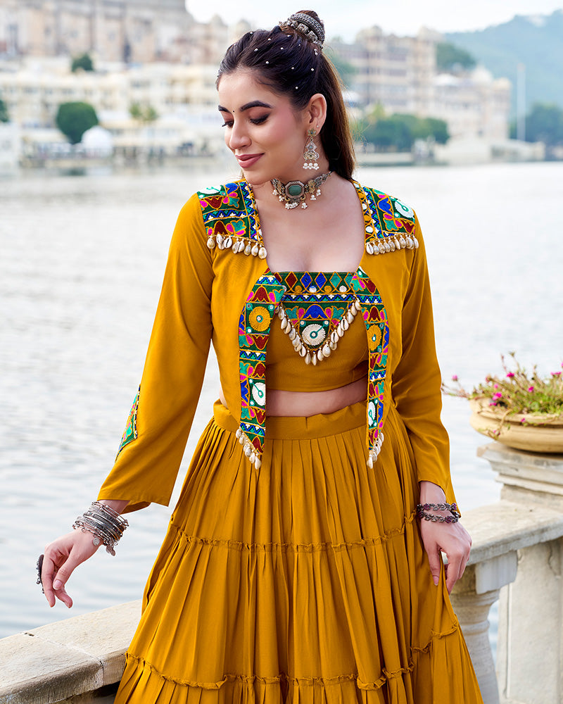 Mustard Color Pure Rayon Ruffle Style Navratri Lehenga Choli