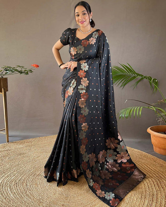 Jacquard Design Black color Soft Lichi Silk Saree