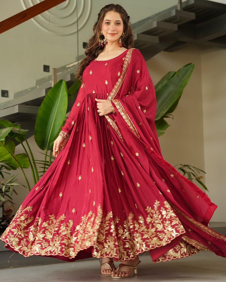 Beautiful Red Color Chinnon Gown With Embroidered Dupatta
