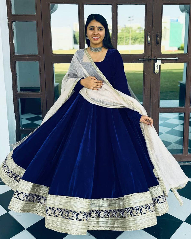 Navy Blue Color Pure Viscose Velvet Anarkali Suit