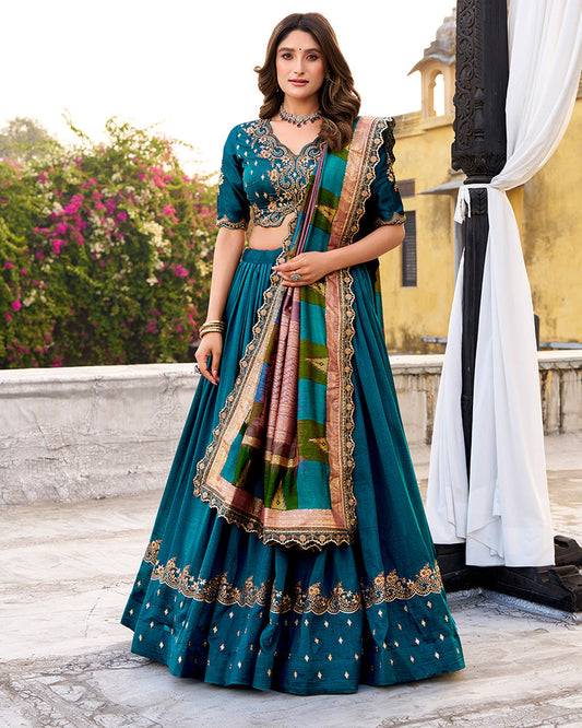 Designer Firozi Color Vichitra Silk Embroidered Lehenga Choli