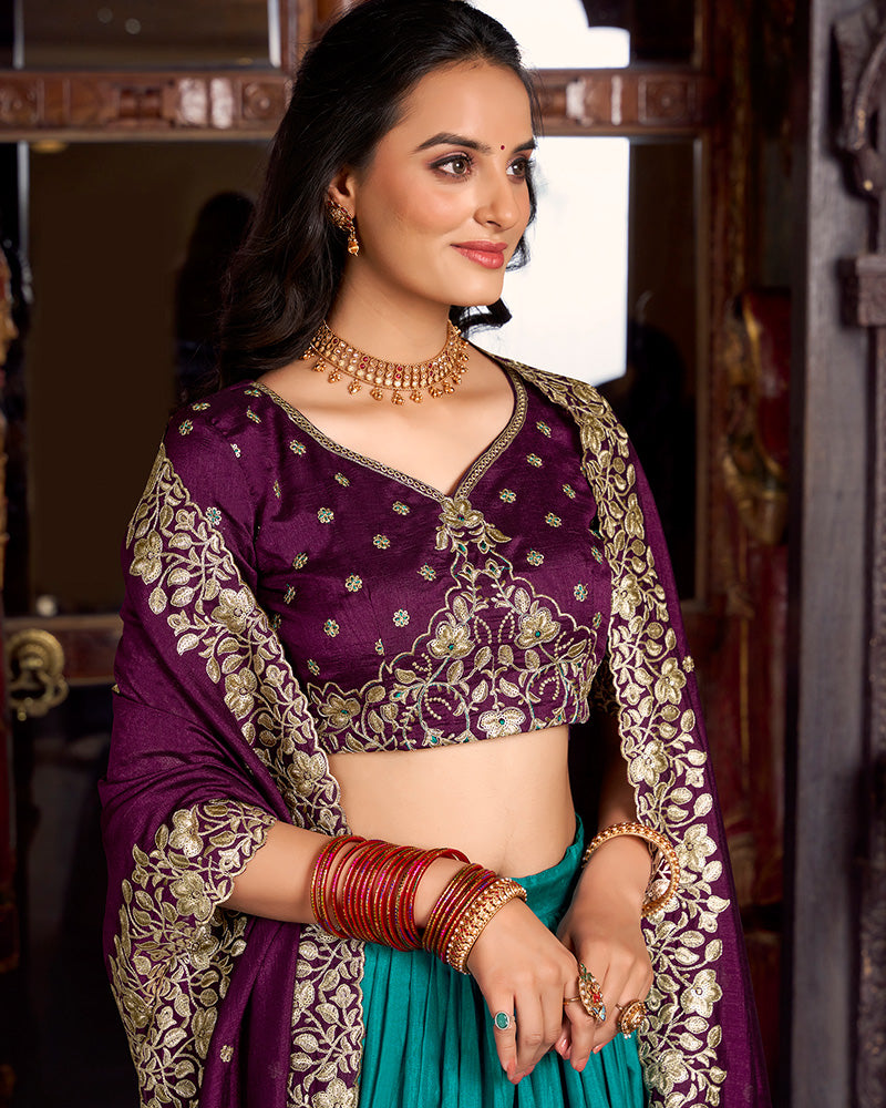 Firozi Color Tussar Silk Printed Lehenga Choli