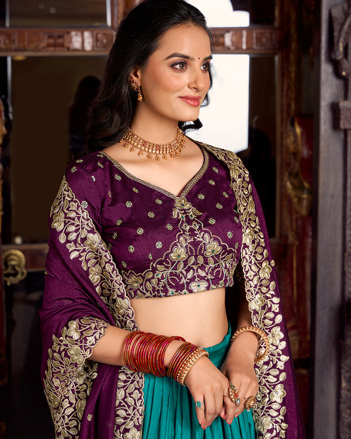 Firozi Color Tussar Silk Printed Lehenga Choli