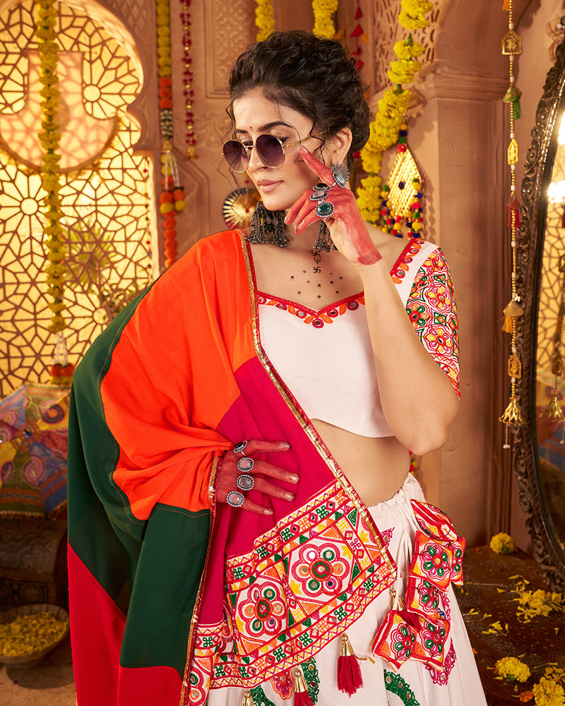 White Traditional Choli With Colorful Embroidery And Mirror
