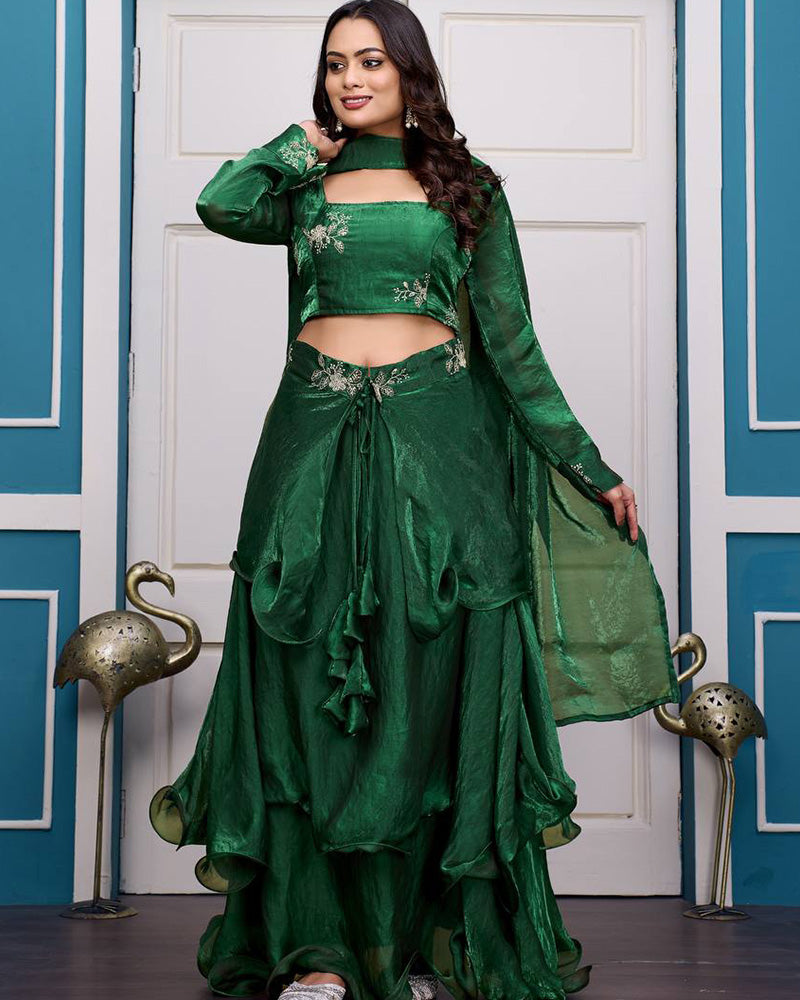 Green Color Fendy Satin Silk Embroidered Lehenga Choli