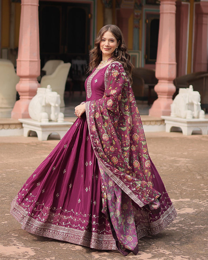 Beautiful Wine Color Chinnon Gown With Embroidered Dupatta