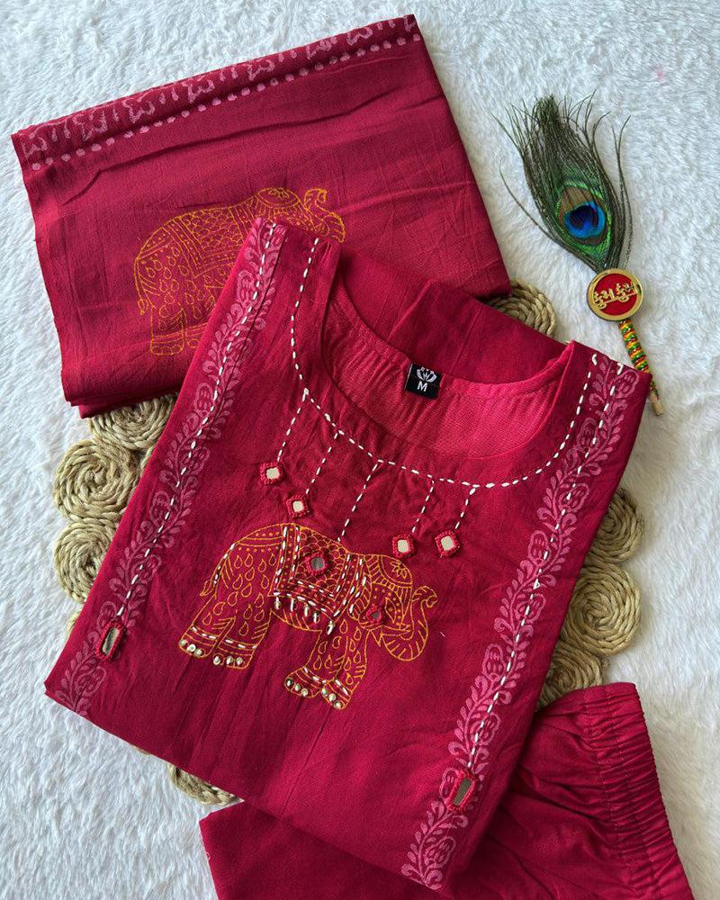 Cherry Red Color Pure Cotton Three Piece Kurti Suit