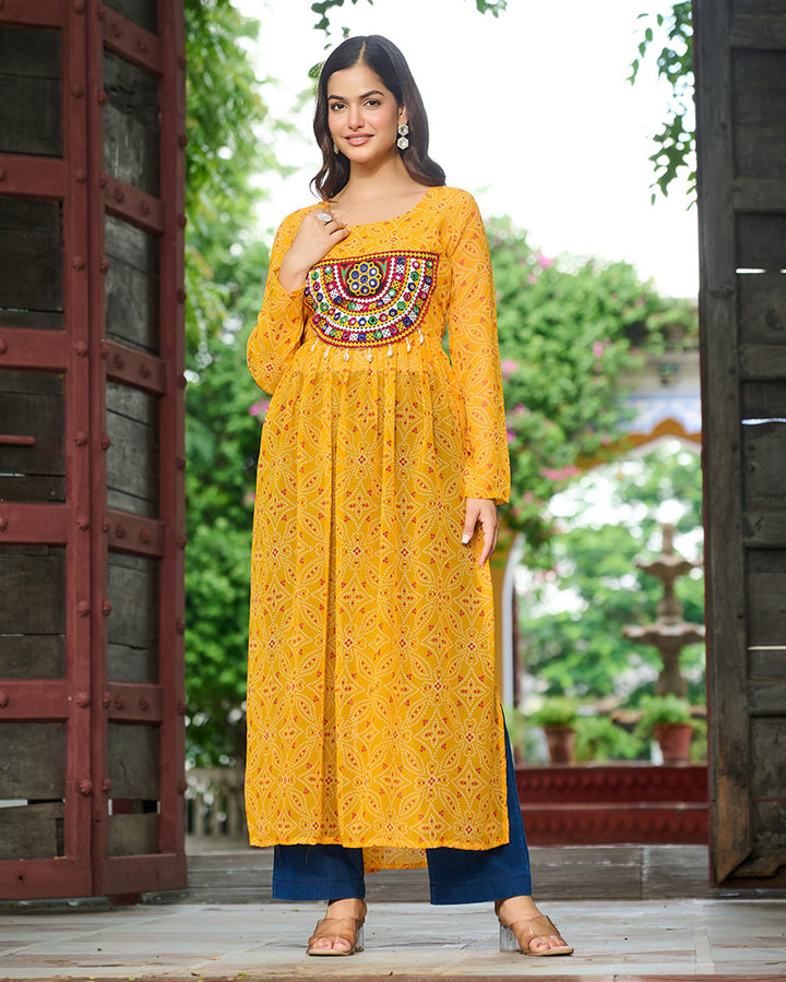 Elegant Yellow Georgette Bandhani Print Kurti