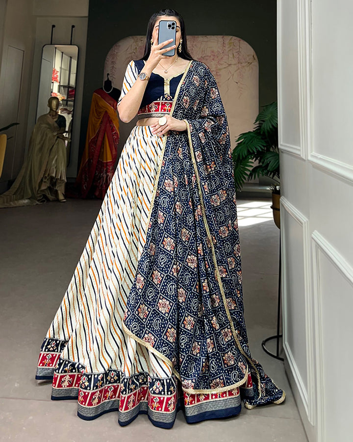 Laheriya And Patola Print Navy Blue Color Cotton Fully Stitched Lehenga Choli