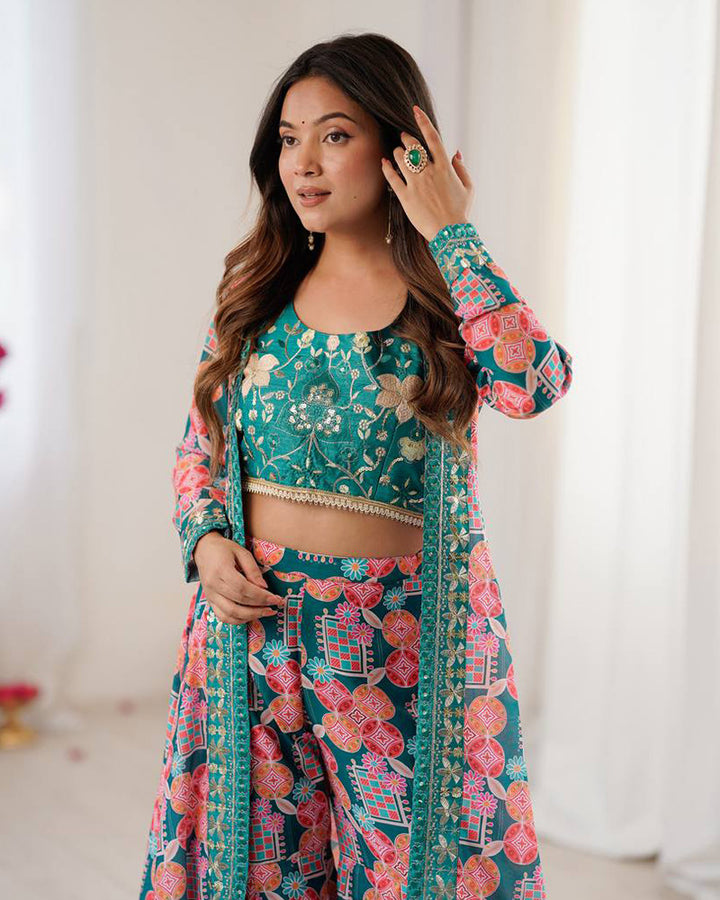 Bottle Green Color Muslin Cotton Digital Printed Plazzo Suit