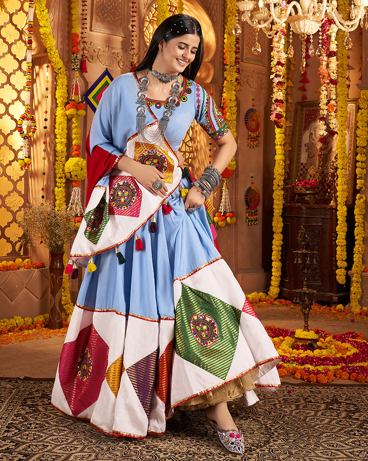 Traditional Sky Blue Color Mirror Work Navratri Lehenga Choli