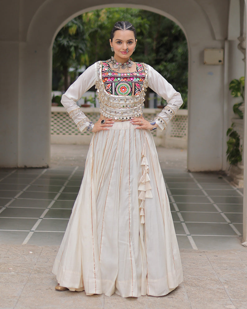 Off-White Color Roman Silk Navratri Lehenga Choli