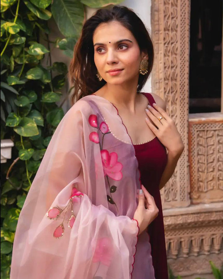 Reddish Maroon Color Pure Chinon Three Piece Anarkali Suit
